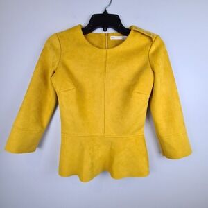 Sfera Casual Women's Mustard Yellow Faux Suede Peplum Top 3/4 Sleeve Small Zip